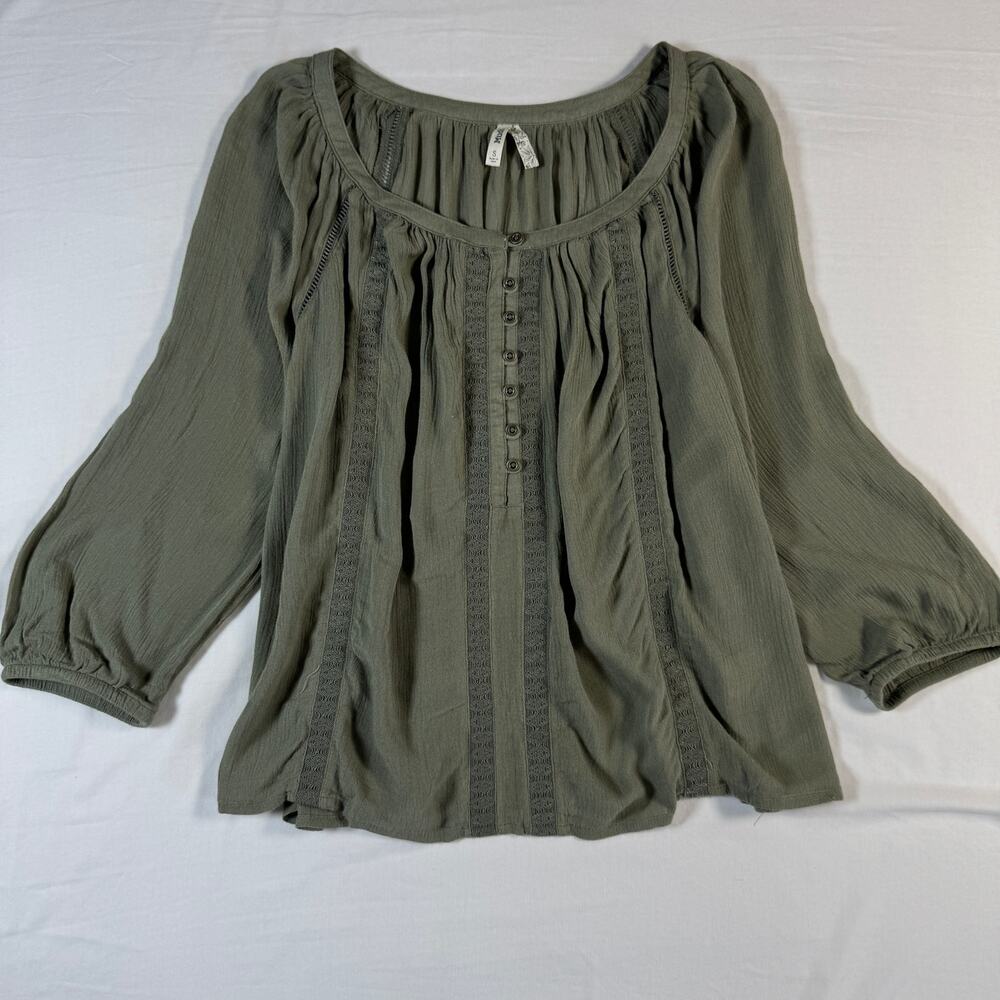 Mudd Small Olive Flowy Rayon Blouse Crochet Detail 3/4 Peasant Sleeve Boho Top